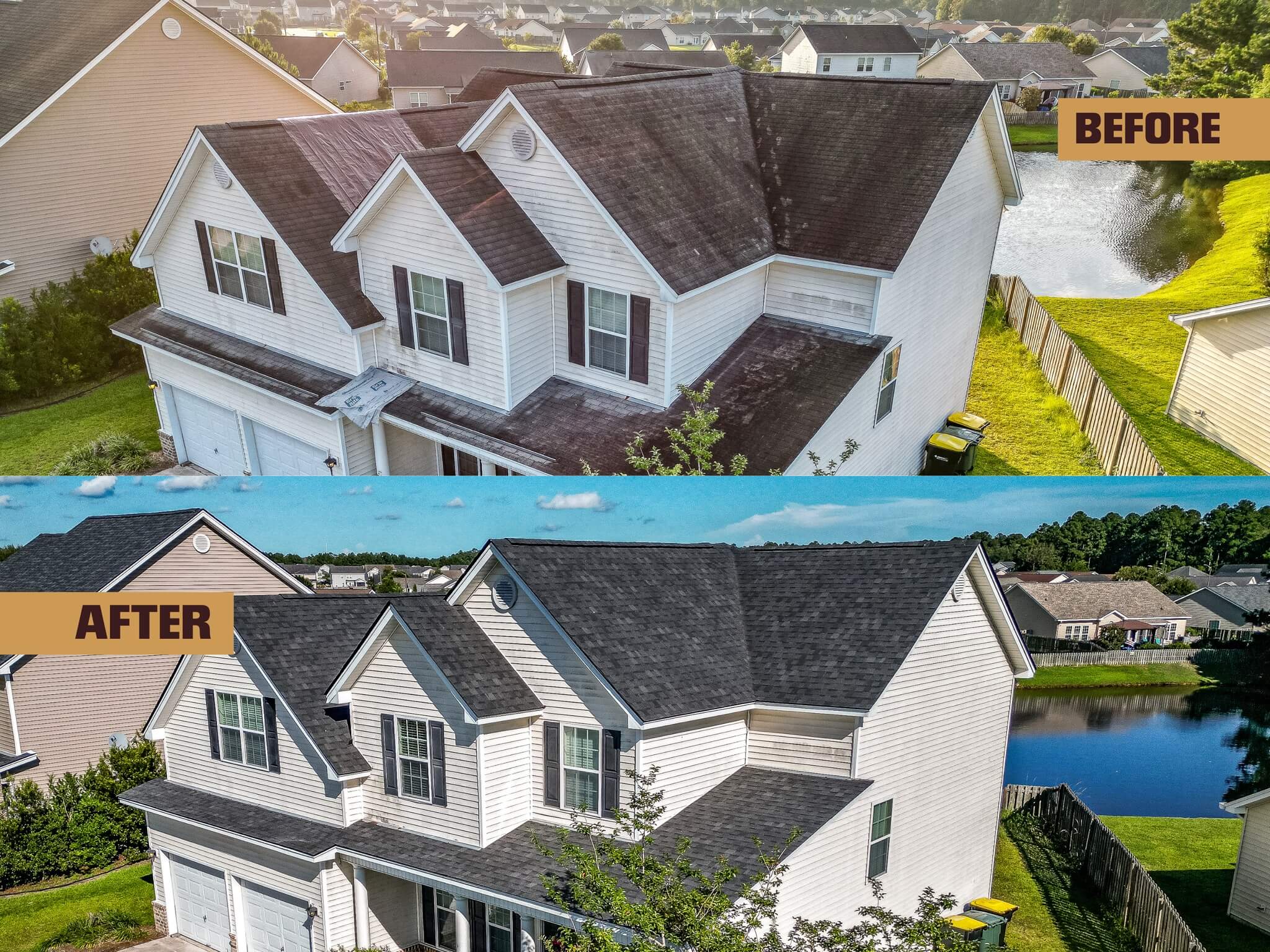 before and after photos of a roof in rincon georgia